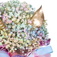 gypsophila (11 pcs.), oasis, decorative elements, packaging, ribbon