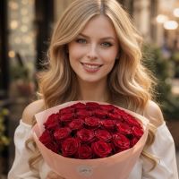 red rose (25 pcs.), packaging, ribbon