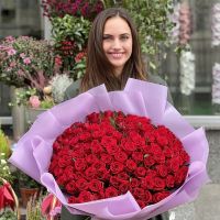 red rose (101 pcs.), packaging, ribbon