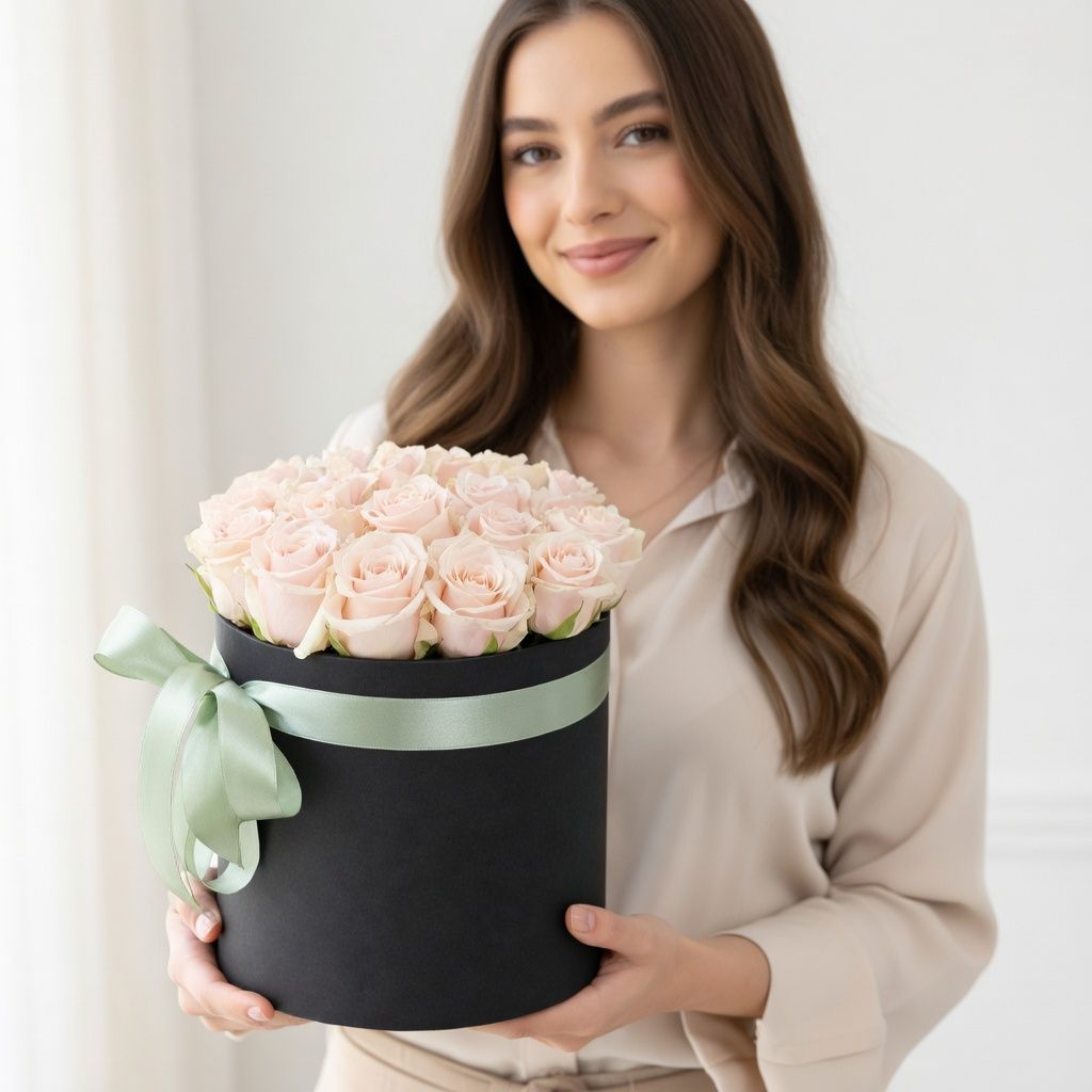 cream rose (21 pcs.), oasis, embossed box, packaging, ribbon