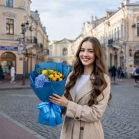hydrangea, yellow rose (3 pcs.), yellow spray rose (3 pcs.), eucalyptus, packaging, ribbon