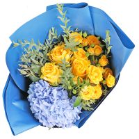 hydrangea, yellow rose (3 pcs.), yellow spray rose (3 pcs.), eucalyptus, packaging, ribbon