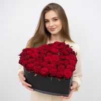 rose (51 pcs.), heart box, oasis, packaging, ribbon