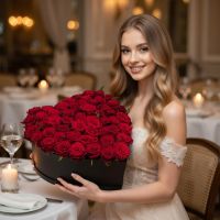 rose (51 pcs.), heart box, oasis, packaging, ribbon