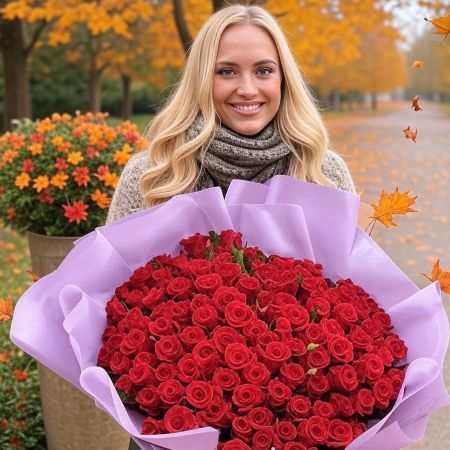 red rose (101 pcs.), packaging, ribbon