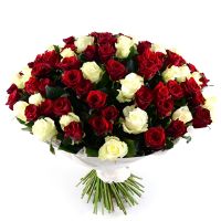 white rose (45 pcs.), packaging, ribbon; red rose (56 pcs.), packaging, ribbon