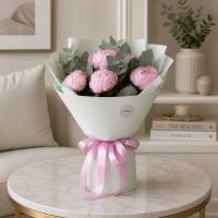 peony, eucalyptus (7 pcs.), packaging, ribbon
