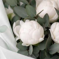 peony (7 pcs.), eucalyptus, packaging, ribbon