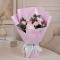 white peony (7 pcs.), pink peony, eucalyptus, packaging, ribbon