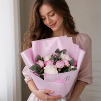 white peony (7 pcs.), pink peony, eucalyptus, packaging, ribbon