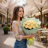 yellow rose peony bubbles (19 pcs.), packaging, ribbon