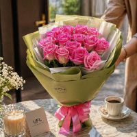 pink rose (15 pcs.), packaging, ribbon