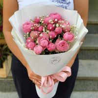 rose (7 pcs.), gypsophila, packaging, ribbon