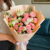 eustoma, eucalyptus, spray rose, packaging, ribbon