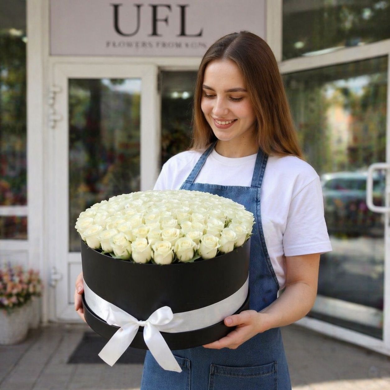 box, oasis, white rose (101 pcs.), packaging, ribbon