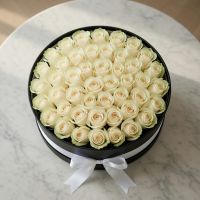 box, oasis, white rose (101 pcs.), packaging, ribbon