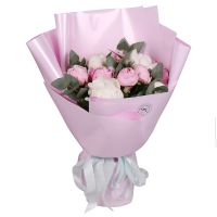 white peony (7 pcs.), pink peony, eucalyptus, packaging, ribbon