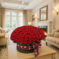 box, oasis, rose (201 pcs.), packaging, ribbon