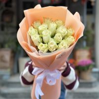 white rose (15 pcs.), packaging, ribbon