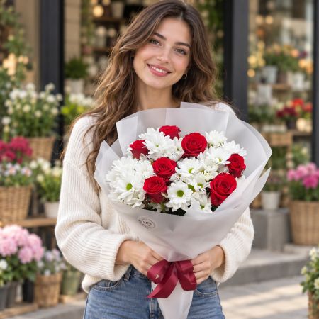 white spray chrysanthemum, red rose (7 pcs.), packaging, ribbon