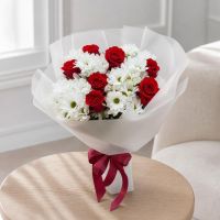 white spray chrysanthemum, red rose (7 pcs.), packaging, ribbon