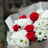 white spray chrysanthemum, red rose (7 pcs.), packaging, ribbon