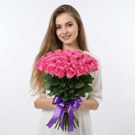 pink rose (25 pcs.), packaging, ribbon