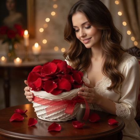 rose petals, rose (15 pcs.), box, packaging, ribbon