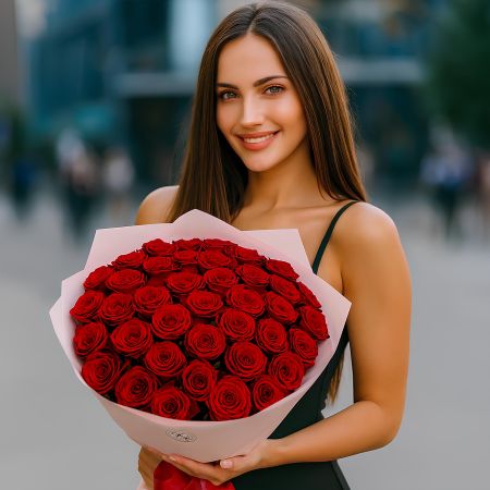 red rose (51 pcs.), packaging, ribbon