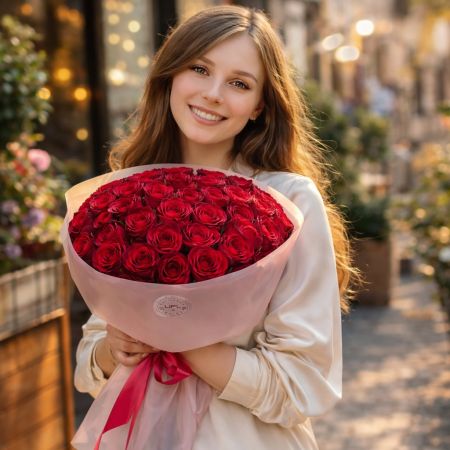 red rose (51 pcs.), packaging, ribbon