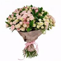 pink spray roses (11 pcs.), packaging, ribbon