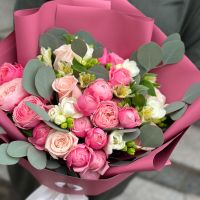 cream rose, white alstroemeria, white freesia, eucalyptus, rose silva pink bubbles, packaging, ribbon