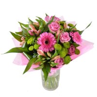 gerbera, chrysanthemum, rose, alstroemeria, packaging, ribbon