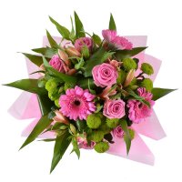 gerbera, chrysanthemum, rose, alstroemeria, packaging, ribbon