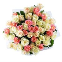 cream rose (17 pcs.), packaging, ribbon