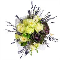 white rose (9 pcs.), lavender, brunia (2 pcs.), white freesia (5 pcs.), ornithogalum (4 pcs.), packaging, ribbon