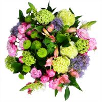 spray roses, alstroemeria, ornithogalum, viburnum, chrysanthemum, carnation, packaging, ribbon