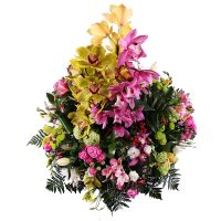 orchid branch, orchid branch, orchid branch, chrysanthemum (4 pcs.), eustoma (7 pcs.), alstroemeria, spray roses, basket m, packaging, ribbon