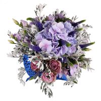 hydrangea, cappuccino rose (3 pcs.), freesia (5 pcs.), eustoma, speedwell (10 pcs.), lotus, packaging, ribbon