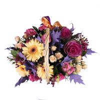 gerbera, eustoma, spray rose, oasis, chamelacium, brassica, packaging, ribbon