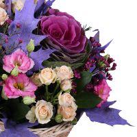 gerbera, eustoma, spray rose, oasis, chamelacium, brassica, packaging, ribbon