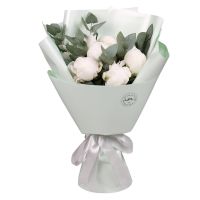 peony (7 pcs.), eucalyptus, packaging, ribbon