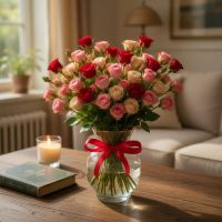 red bush rose, packaging, ribbon