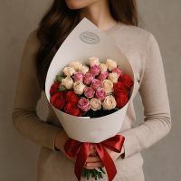 red bush rose, packaging, ribbon