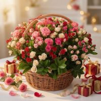 spray rose (51 pcs.), basket, oasis, packaging, ribbon