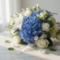 carnation, hydrangea, gladiolus, rose (10 pcs.), eustoma, freesia, packaging, ribbon