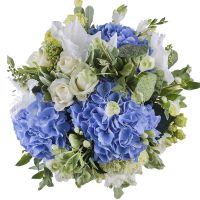 carnation, hydrangea, gladiolus, rose (10 pcs.), eustoma, freesia, packaging, ribbon