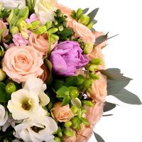 spray rose (10 pcs.), freesia, hyacinth, hypericum, eucalyptus, eustoma, packaging, ribbon