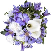 statice, clematis, calla, carnation, vanda orchid, trachelium (3 pcs.), freesia, packaging, ribbon