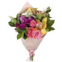 chrysanthemum, brassica, cymbidium (2 pcs.), spray rose, packaging, ribbon